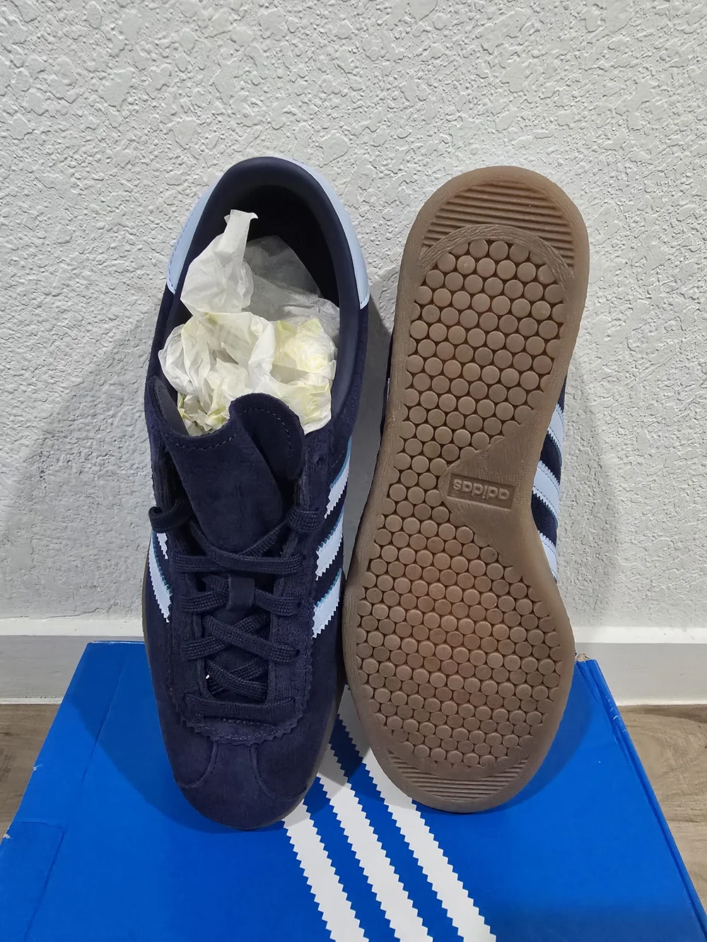 adidas Men’s Gazelle Suede Sneakers in Navy with Light Blue Stripes